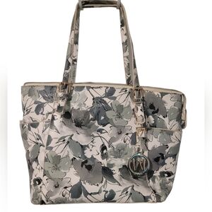 Wynn Classic Floral Handbag Womens Faux Leather Tote Bag 15 in Green Gray White